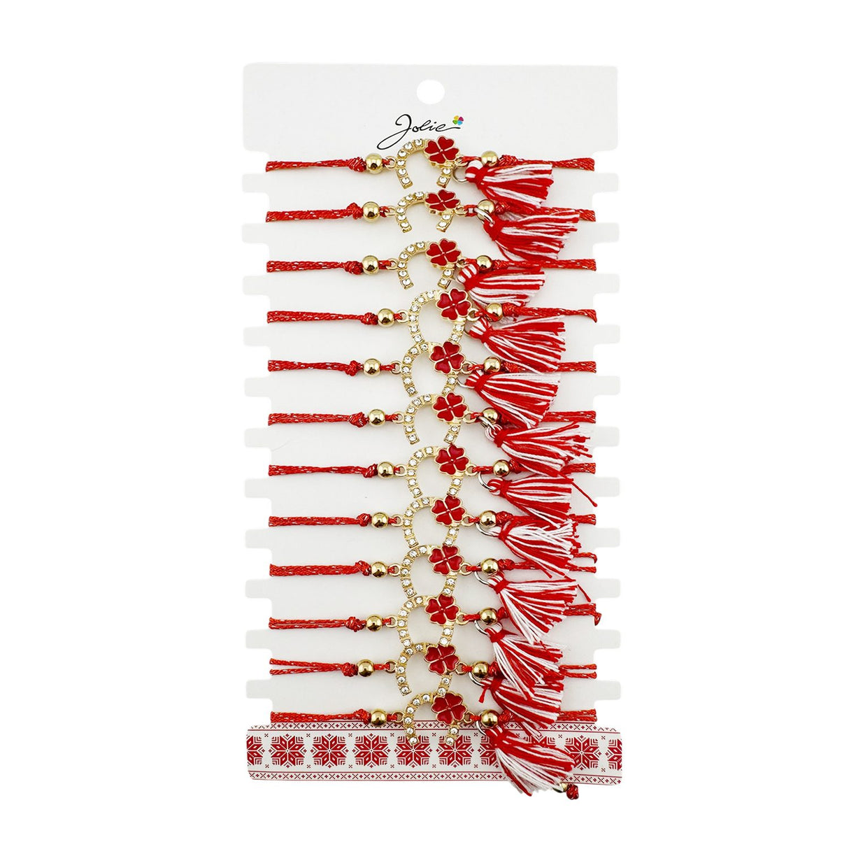 Martisor Bratara cu Ciucure pentru Dama, Jolie, Model Potcoava cu Trifoi, Set 12 bucati, Pandativ din Inox, Snur Reglabil, Rosu/Alb - vivimall.ro