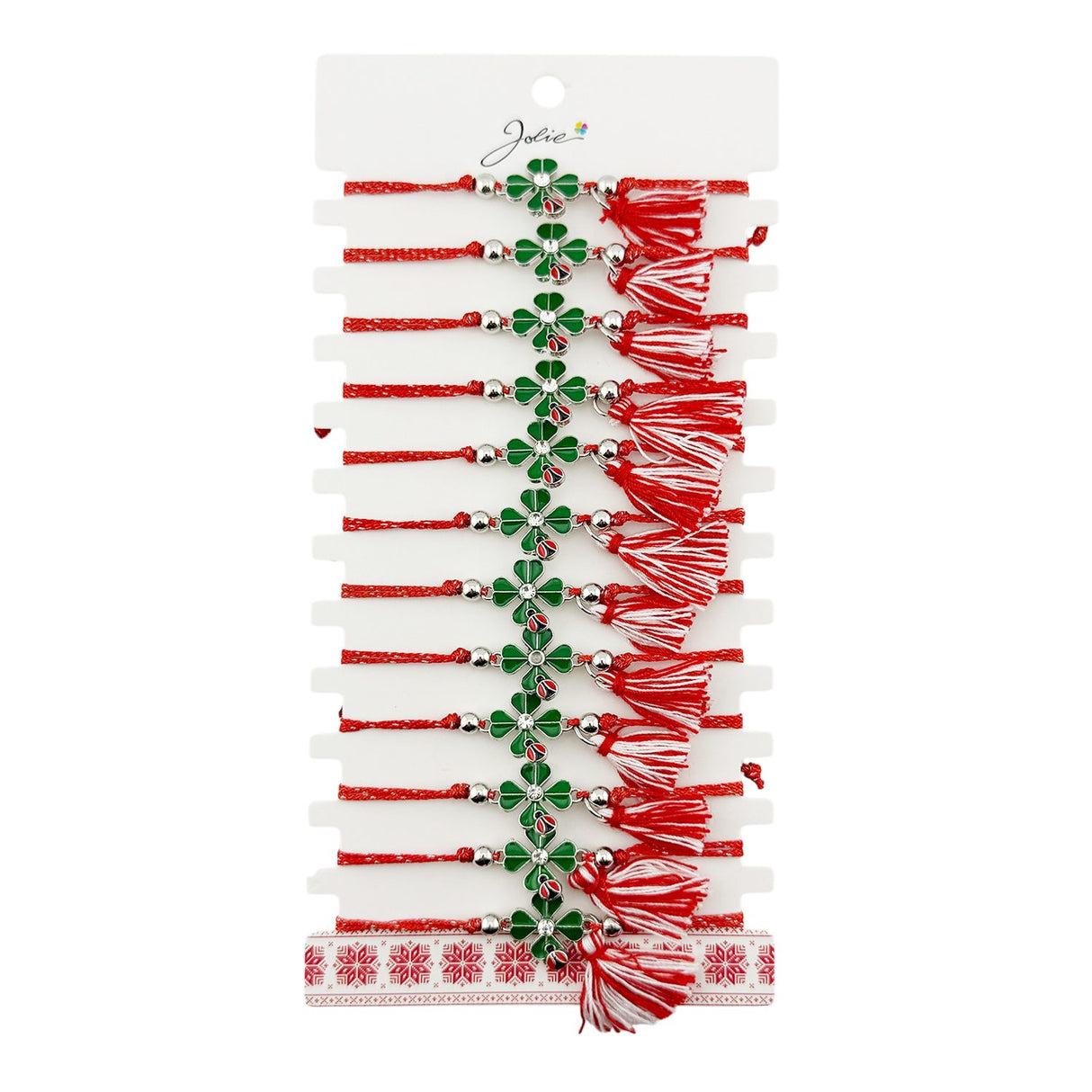 Martisor Bratara cu Ciucure pentru Dama, Jolie, Model Trifoi Verde cu Buburuza, Set 12 bucati, Pandativ din Inox cu Piatra, Snur Reglabil, Rosu/Alb - vivimall.ro