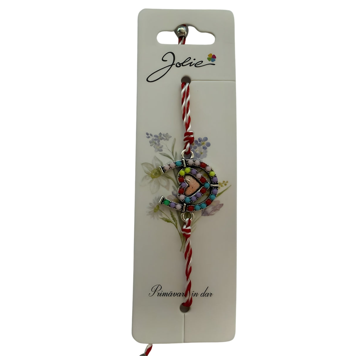 Martisor Bratara cu Snur Alb Rosu Reglabil, Model Potcoava Multicolora cu Inimioara, Jolie - vivimall.ro