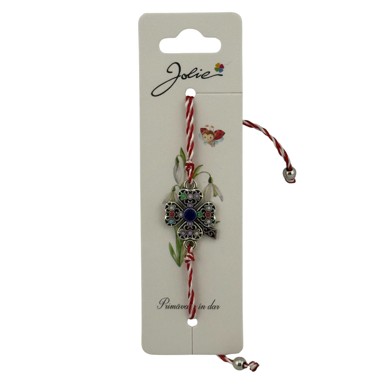 Martisor Bratara cu Snur Alb Rosu Reglabil, Model Trifoi cu Patru Foi Multicolor, Jolie - vivimall.ro