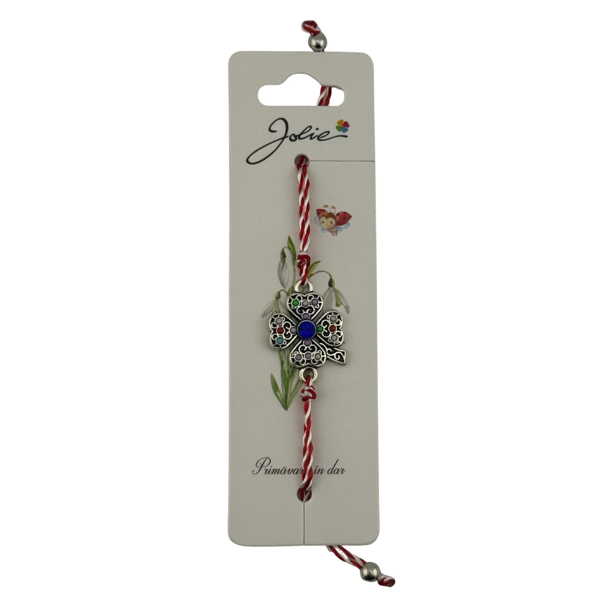 Martisor Bratara cu Snur Alb Rosu Reglabil, Model Trifoi cu Patru Foi Multicolor, Jolie - vivimall.ro