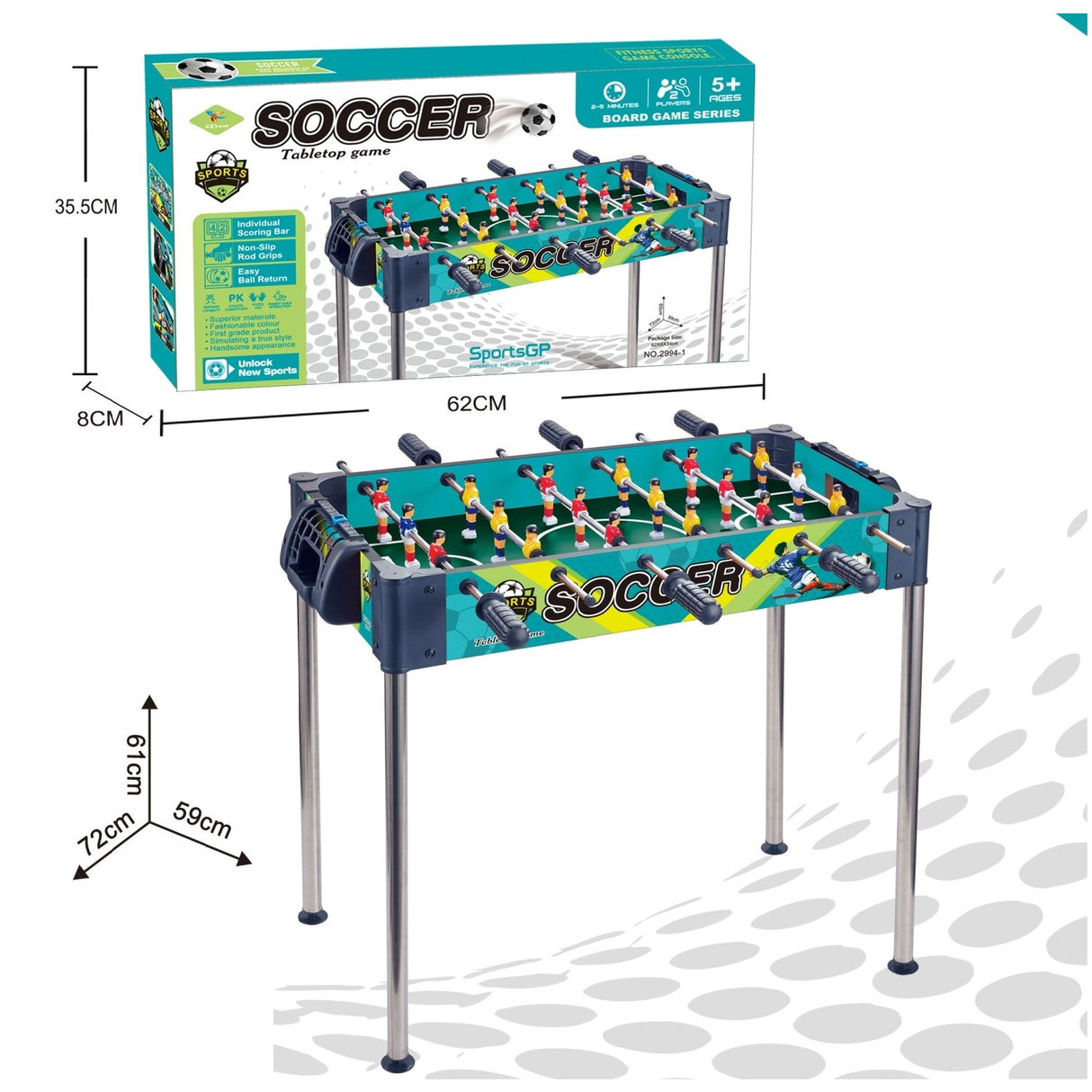 Masa de Fotbal, Vivimall, cu Picioare Inalte, 6 Manere, Tablou de Scor, 62 x 8 x 35.5 cm, din Lemn/Otel si ABS, Albastru - vivimall.ro