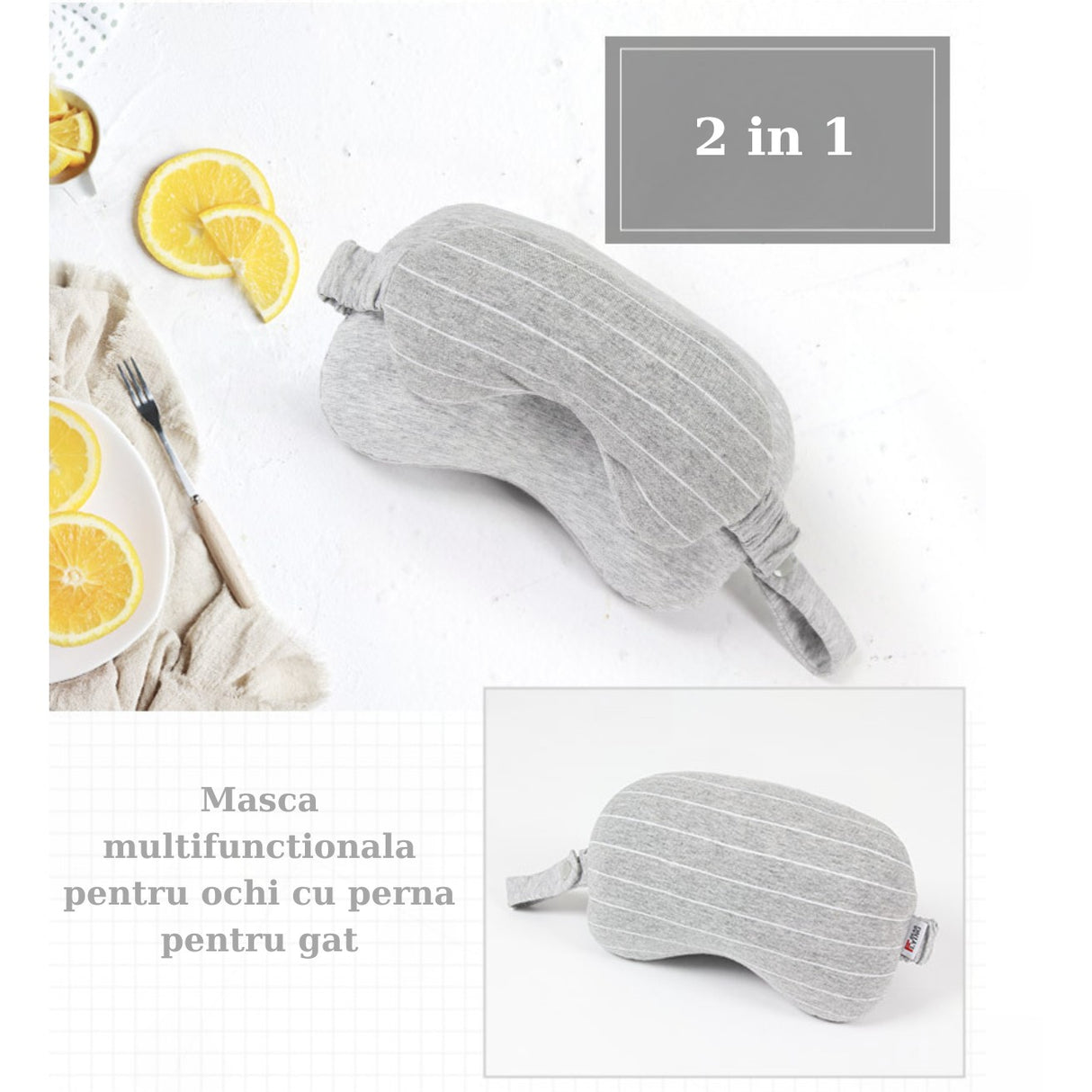 Masca de dormit, Vivimall, 2 in 1, cu Tetiera, din Particule de Spuma si Bumbac, Gri Deschis - vivimall.ro