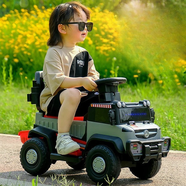 Masinuta Electrica, Vivimall, pe 4 Roti, cu Telecomanda si Maner Detasabil, Cos de Depozitare, Lumini Led si Muzica, +1 an, Greutate Portanta 40 kg, Gri - vivimall.ro