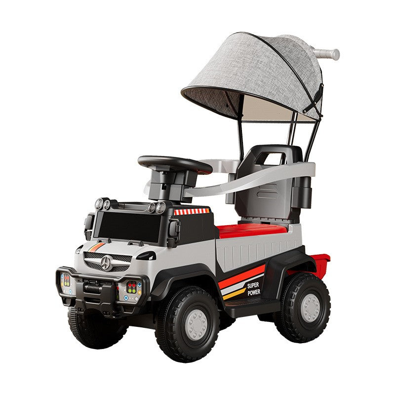 Masinuta Electrica, Vivimall, pe 4 Roti, cu Telecomanda si Maner Detasabil, Cos de Depozitare, Lumini Led si Muzica, +1 an, Greutate Portanta 40 kg, Gri - vivimall.ro