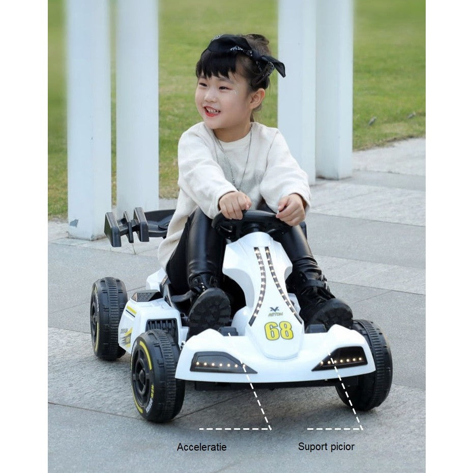 Masinuta Electrica Vivimall, Tip Kart, cu Telecomanda, Dimensiune Reglabila, 2 Viteze, Sistem de Lumini si Sunet, Pentru Copii intre 1.2 - 1.6 Inaltime, 105 x 55 x 50 cm, Alb - vivimall.ro