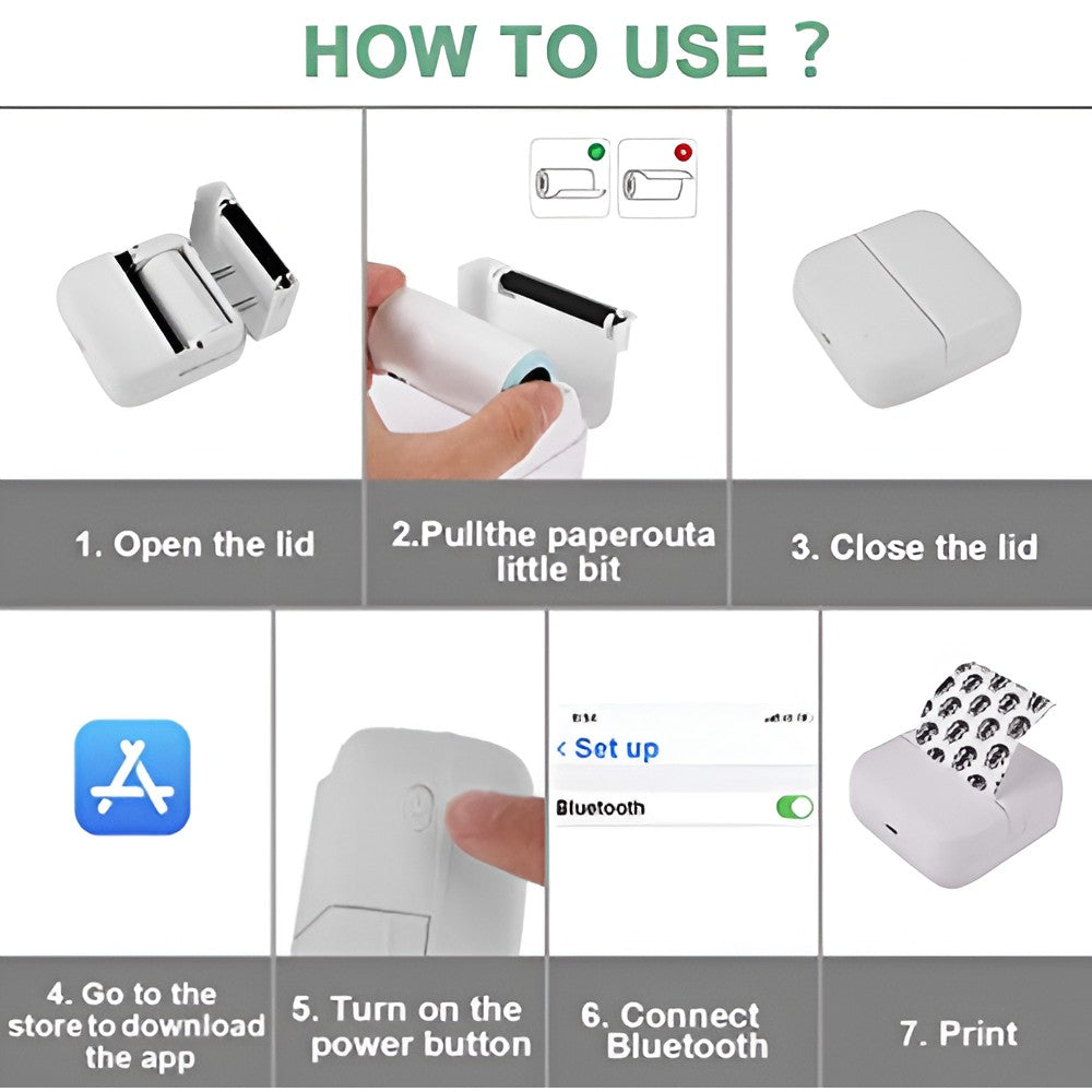 Mini Imprimanta Foto Portabila, Vivimall, 5 Role de Hartie Termica, 5 Role Autocolante, 3 Role Colorate, Pixuri, Incarcare USB, Model Pisica, Alb Verde - vivimall.ro