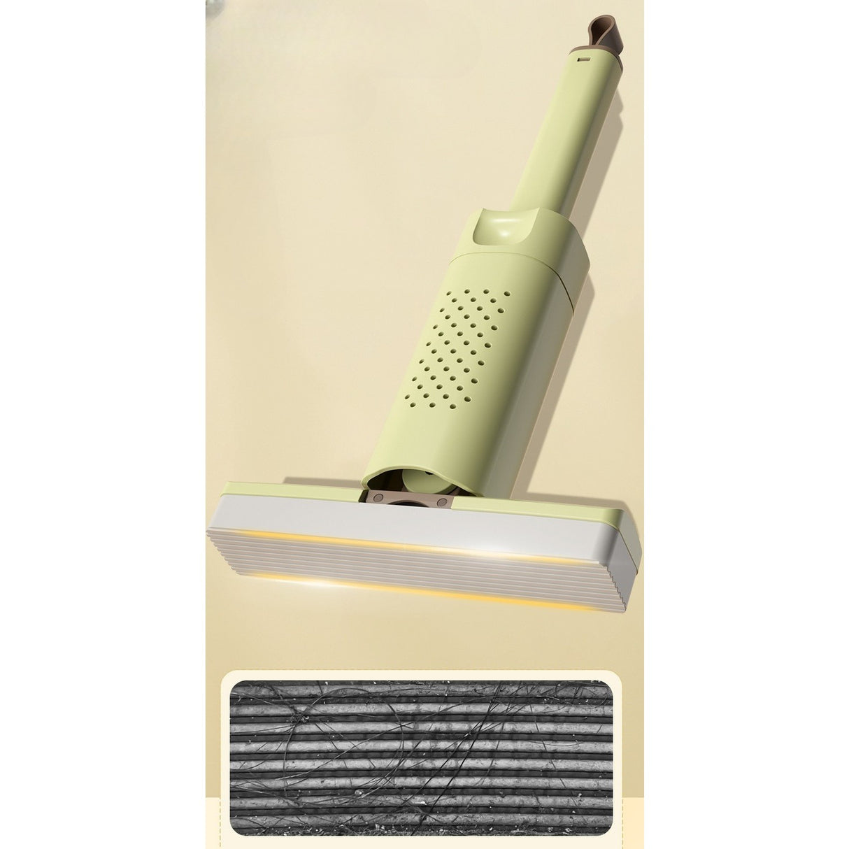 Mini mop cu burete verde utilizat pe pardoseală, curățare umedă eficientă în bucătărie