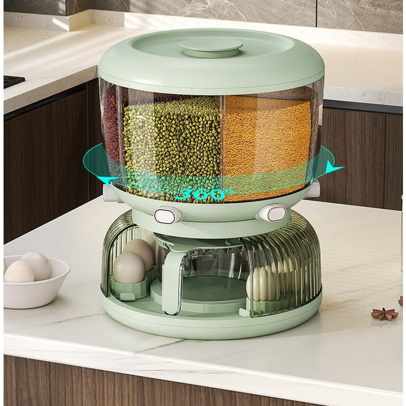 Dozator Etajat de Cereale Vivimall, Rotativ 360, 6 Compartimente, Capacitate 10L, Cofraj Special pentru Oua, Vas pentru Scurgerea Cerealelor, 35x27.5 cm, Verde - vivimall.ro