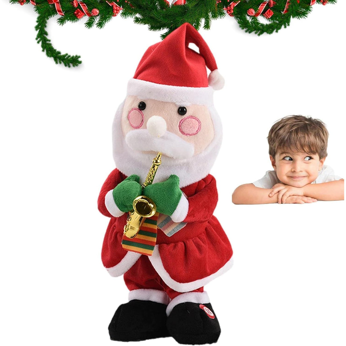 Decoratiune Mos Craciun, Vivimall, Animat, care Canta si Danseaza, cu Saxofon, Imbracat Festiv, 25 cm Inaltime, Rosu - vivimall.ro