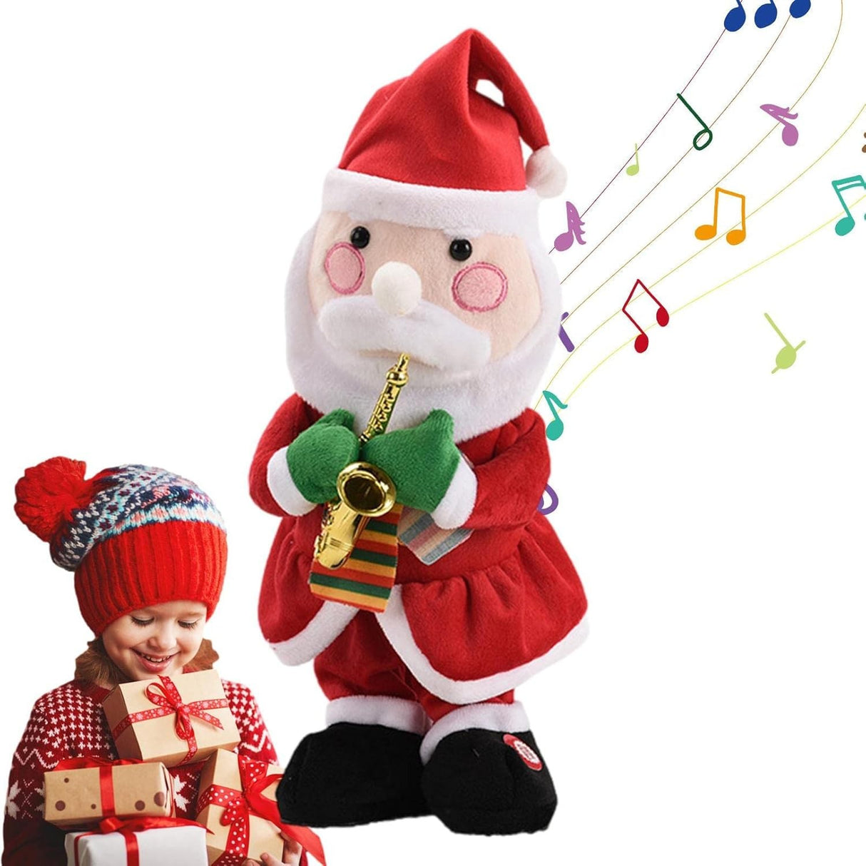 Decoratiune Mos Craciun, Vivimall, Animat, care Canta si Danseaza, cu Saxofon, Imbracat Festiv, 25 cm Inaltime, Rosu - vivimall.ro