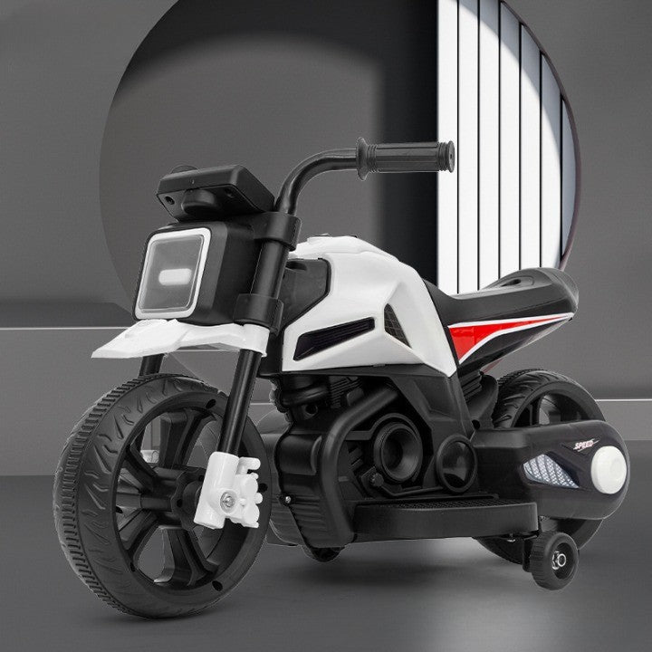 Motocicleta Electrica cu 2 Roti Mari si 2 Roti Ajutatoare, Vivimall, Acumulator Incarcare, Anti-Rasturnare, Lumini, Muzica, Motor:380, Baterie 6V4.5, 41.5x70x34 cm, 4.5 Kg, 3 Ani+, Alb Negru - vivimall.ro