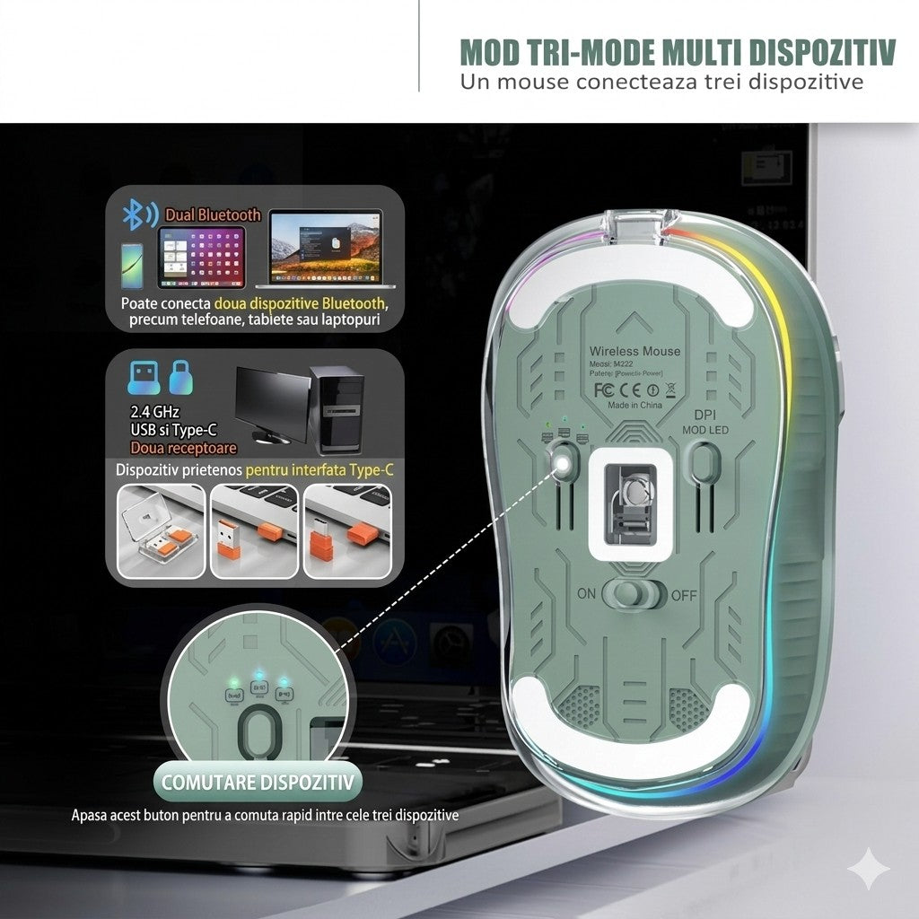 Mouse Wireless, Flippy, Dual Bluetooth, 2.4 GHz, Multi Device, USB-C, 4 Niveluri DPI 800-2400, Reincarcabil, Iluminare LED, Compatibil MacBook/iPad/Laptop, 10 x 6 cm, Verde - vivimall.ro