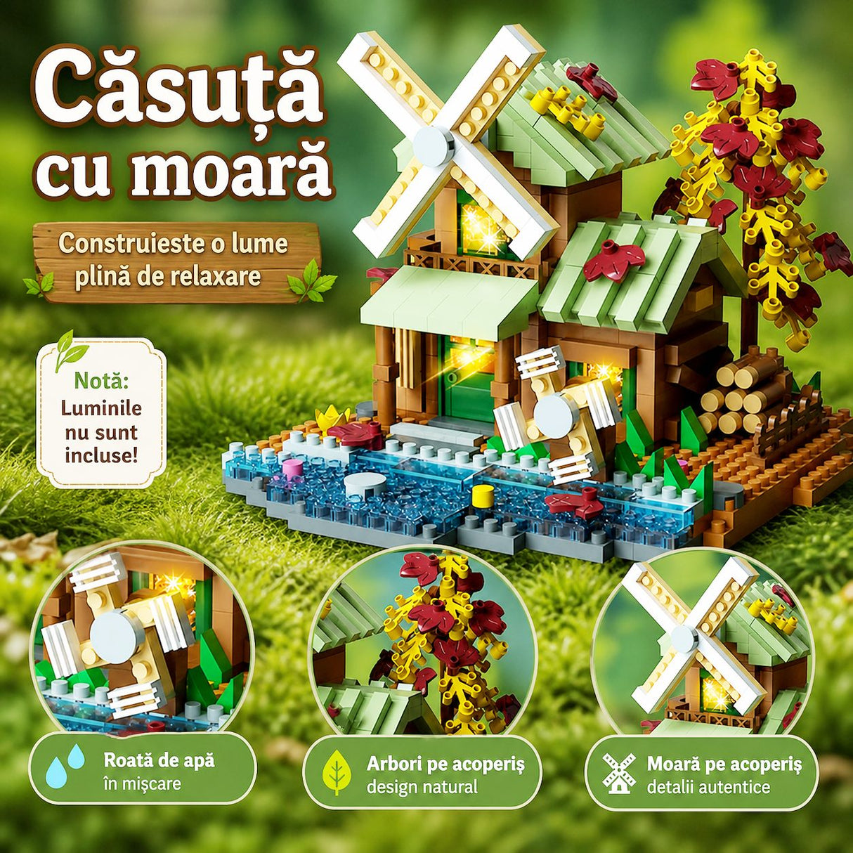 Set constructie, Flippy, Forest Log Cabin, din ABS, Model Casuta cu Moara de Vant, 717 piese, 10.4x11.7x9 cm, Multicolor