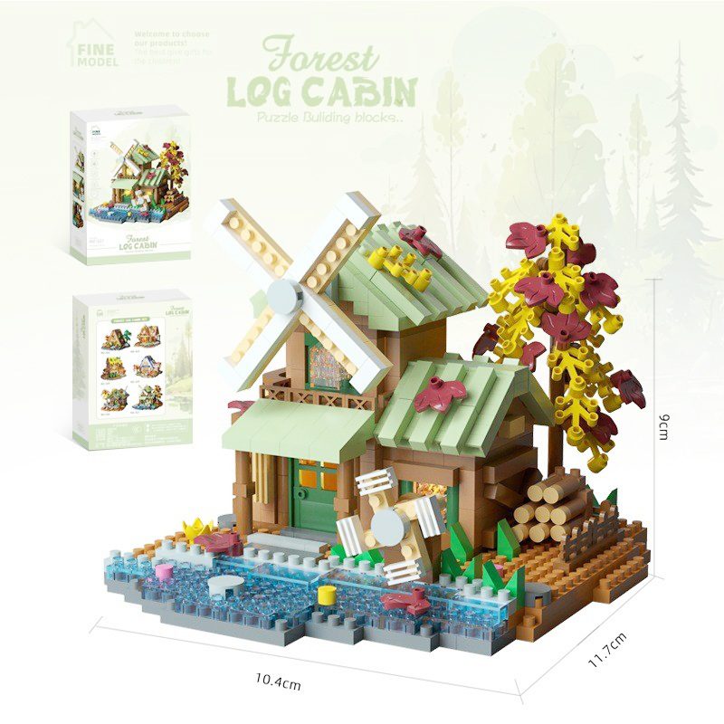 Set constructie, Flippy, Forest Log Cabin, din ABS, Model Casuta cu Moara de Vant, 717 piese, 10.4x11.7x9 cm, Multicolor