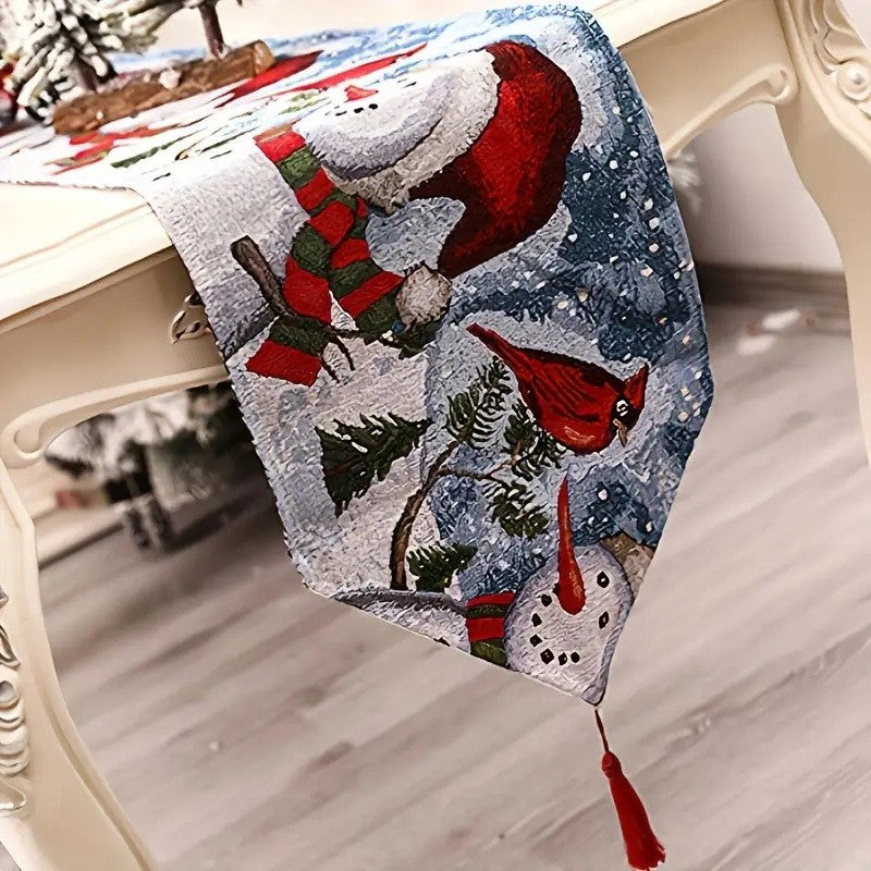 Napron Decorativ pentru Masa, Vivimall, Model Oameni de Zapada, Tematica Craciun, 35 x 180 cm, Rosu/Verde - vivimall.ro