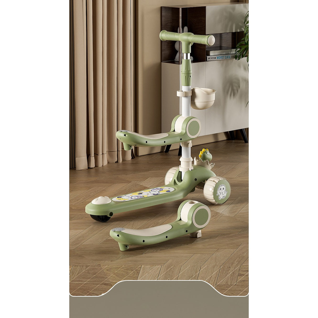 Trotineta Multifunctionala 3 in 1, Vivimall, pentru Copii, 1-7 Ani, cu Lumini si Muzica, Reglabil 360, Pliere Usoara, Reglarea Inaltimii, Model Dinozaur, Bej/Verde - vivimall.ro