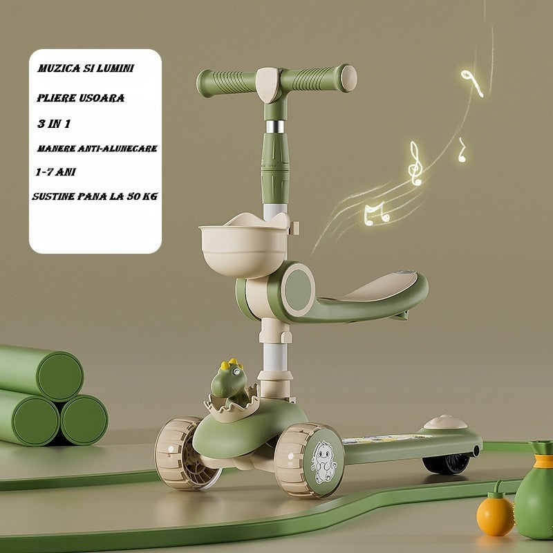 Trotineta Multifunctionala 3 in 1, Vivimall, pentru Copii, 1-7 Ani, cu Lumini si Muzica, Reglabil 360, Pliere Usoara, Reglarea Inaltimii, Model Dinozaur, Bej/Verde - vivimall.ro