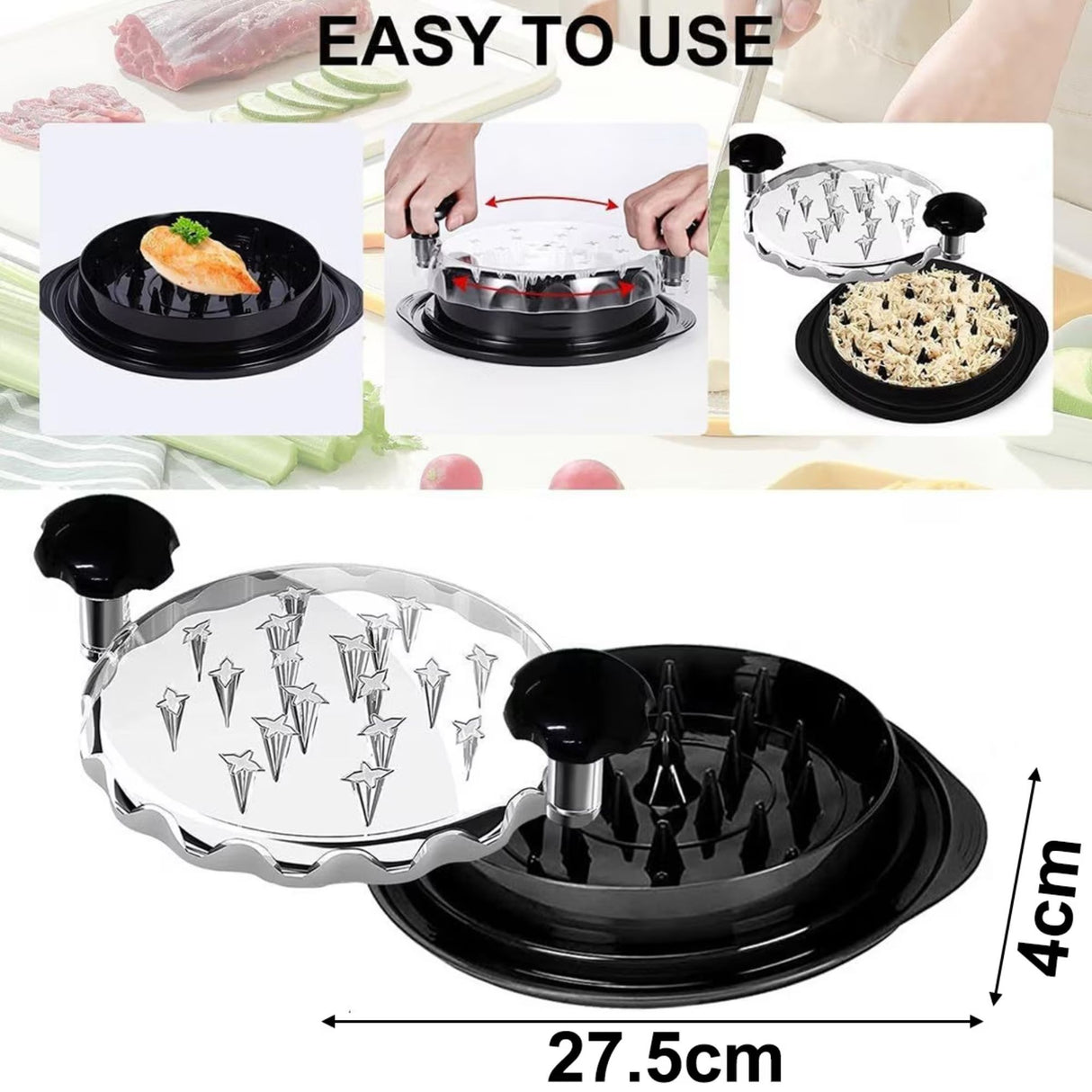 Tocator Manual pentru Carne, Flippy, cu Capac Transparent, Tocator de Pui Antiderapant, Manere Ergonomice, 25 x 25 x 5.5 cm, Negru - vivimall.ro