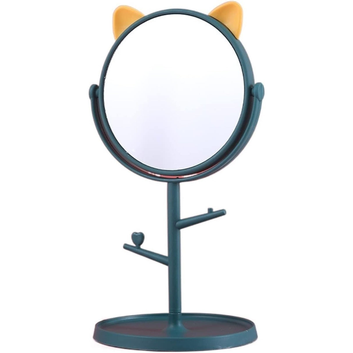 Oglina Cosmetica Cu Picior, Hd, Rotire 360 Grade, 15 Cm Diametru, Suport Bijuterii Baza Rotunda + 2 Brate, Model Cu Urechi, 31 X 14.5 X 15 Cm, Din Plastic, Albastru/Galben - vivimall.ro