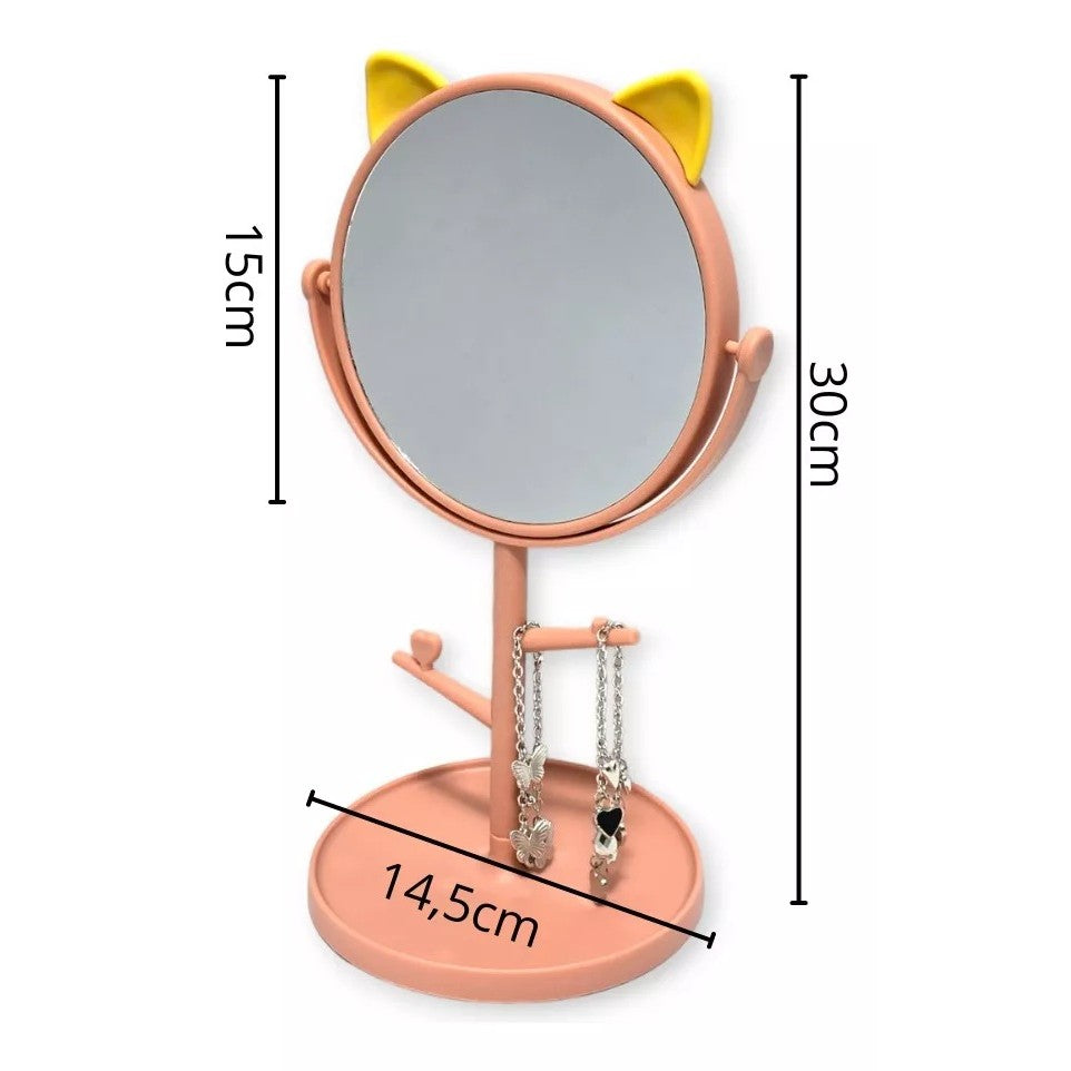 Oglina Cosmetica Cu Picior, Hd, Rotire 360 Grade, 15 Cm Diametru, Suport Bijuterii Baza Rotunda + 2 Brate, Model Cu Urechi, 31 X 14.5 X 15 Cm, Din Plastic, Roz/Galben - vivimall.ro