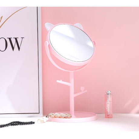 Oglina Cosmetica Cu Picior, Hd, Rotire 360 Grade, 15 Cm Diametru, Suport Bijuterii Baza Rotunda + 2 Brate, Model Cu Urechi, 31 X 14.5 X 15 Cm, Din Plastic, Roz/Alb - vivimall.ro