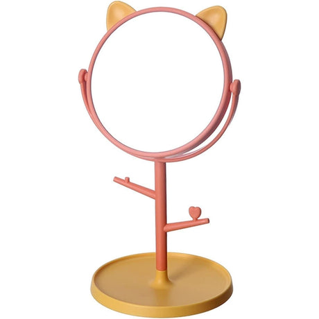 Oglina Cosmetica Cu Picior, Hd, Rotire 360 Grade, 15 Cm Diametru, Suport Bijuterii Baza Rotunda + 2 Brate, Model Cu Urechi, 31 X 14.5 X 15 Cm, Din Plastic, Portocaliu/Galben - vivimall.ro