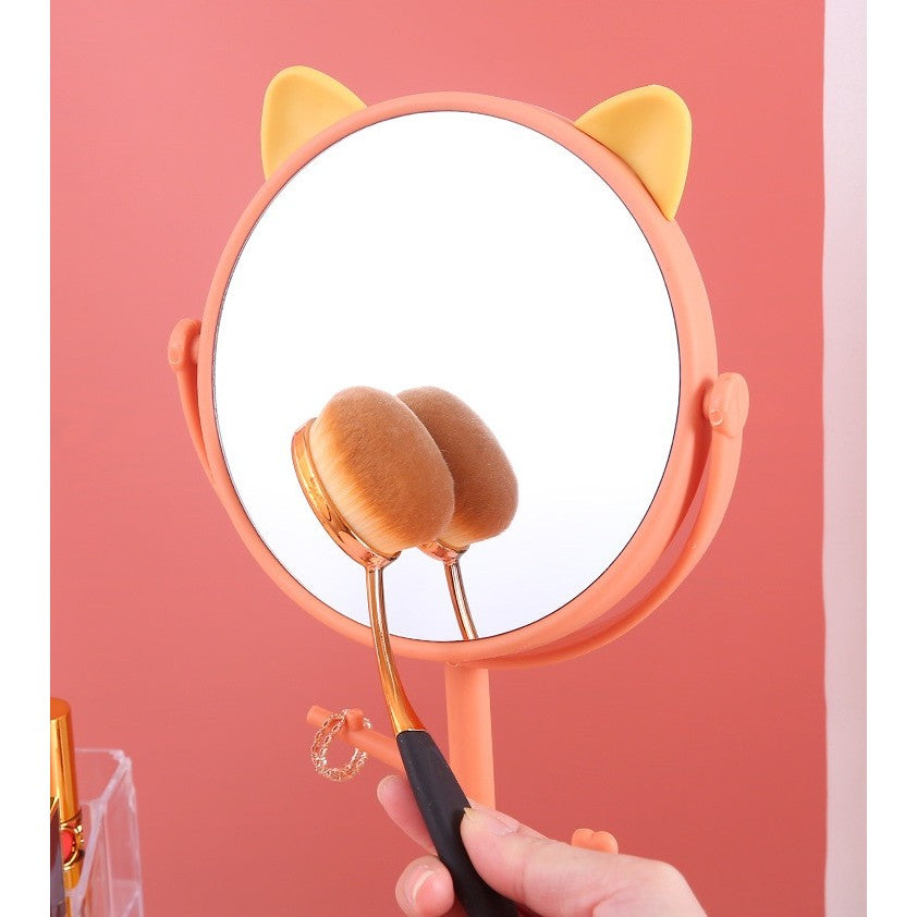 Oglina Cosmetica Cu Picior, Hd, Rotire 360 Grade, 15 Cm Diametru, Suport Bijuterii Baza Rotunda + 2 Brate, Model Cu Urechi, 31 X 14.5 X 15 Cm, Din Plastic, Portocaliu/Galben - vivimall.ro