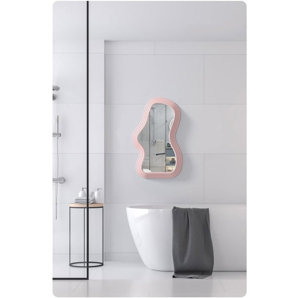 Oglinda de Perete, Vivimall, Decorativa, pentru Baie, Dormitor, Sufragerie, Model Minimalist, Forma Asimetrica, 40.3x26 cm, Roz - vivimall.ro