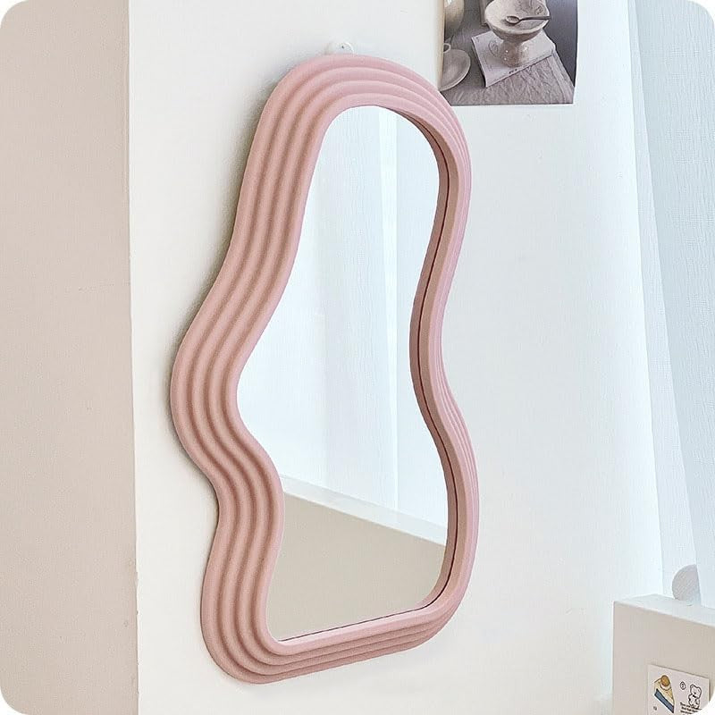 Oglinda de Perete, Vivimall, Decorativa, pentru Baie, Dormitor, Sufragerie, Model Minimalist, Forma Asimetrica, 40.3x26 cm, Roz - vivimall.ro