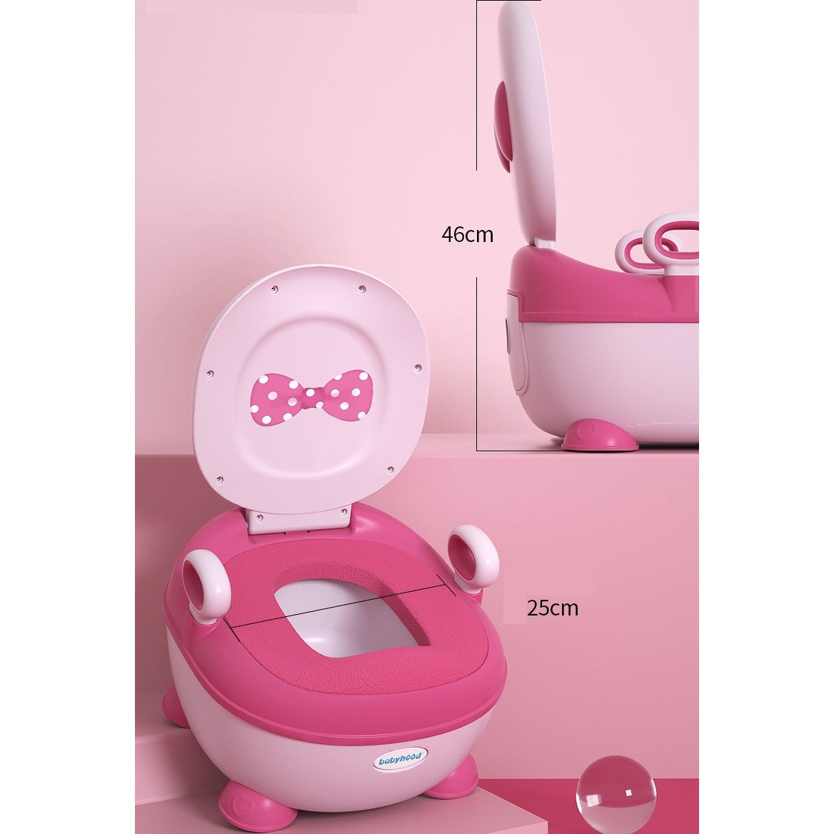 Olita pentru Copii, Vivimall, +1an, Portabila, Design cu Fundita, cu Capac, Model Prietenos, Non-Toxic, Compartiment Detasabil, cu Manere, cu 4 Picioare, Usor de Curatat, 46*33*32 cm, Roz - vivimall.ro