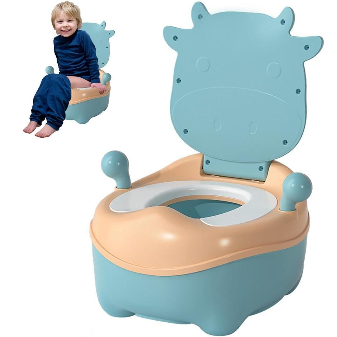 Olita pentru Copii, Vivimall, +1an, Portabila, Model Vacuta, cu Capac, Prietenoasa, Non-Toxic, Compartiment Detasabil, cu Manere, cu 4 Picioare, Usor de Curatat, Albastru - vivimall.ro