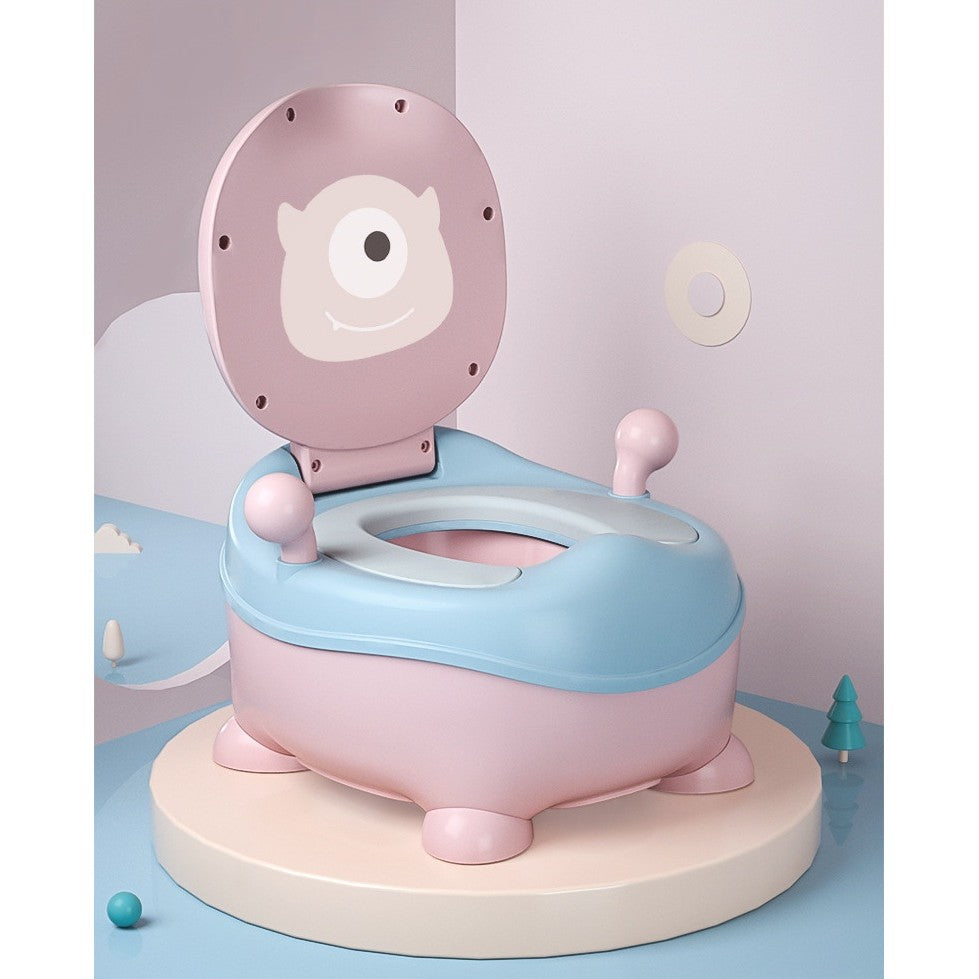 Olita pentru Copii, Vivimall, +6 luni, Compartiment Detasabil, cu Capac, Antiderapanta, din Plastic, Colac Moale, Model Animat Ciclop, cu Maner, 33 x 21 x 45 cm, Albastru/Roz - vivimall.ro