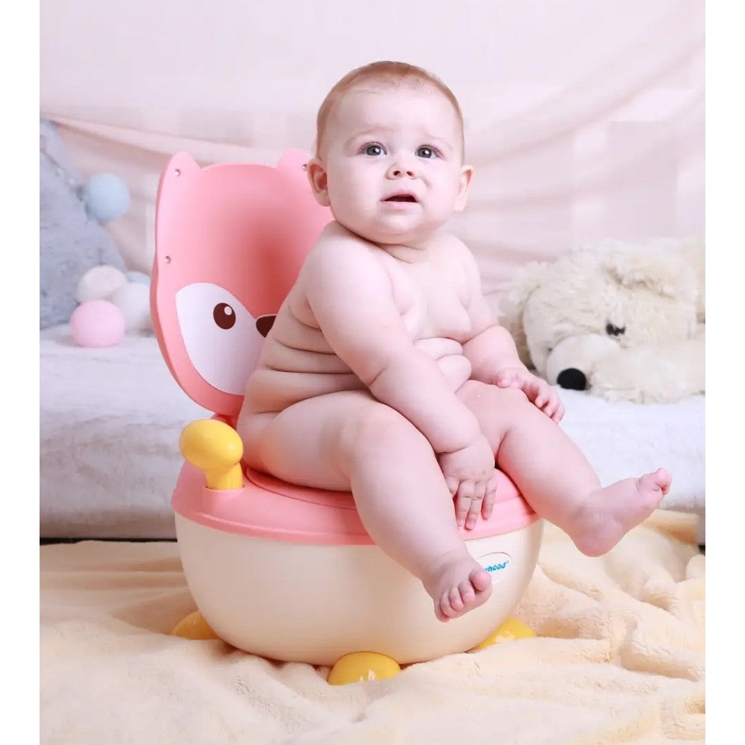 Olita pentru Copii, Vivimall, +6 luni, Compartiment Detasabil, cu Capac, Antiderapanta, din Plastic, Colac Moale, Model Animat Vulpe, cu Maner, 34.5 x 35 x 23 cm, Roz/Alb - vivimall.ro