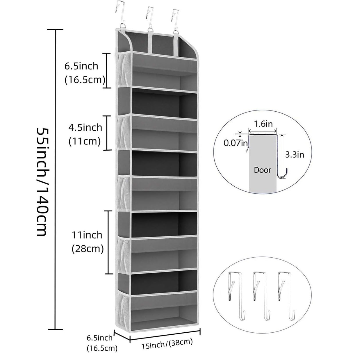 Organizator Suspendat pentru Usi, Vivimall, din Nailon si Plasa, Baza de Carton Ingrosat, 5 Buzunare Principale + 10 Buzunare Laterale, 140 x 39 x 17 cm, 3 Carlige Incluse, Gri - vivimall.ro