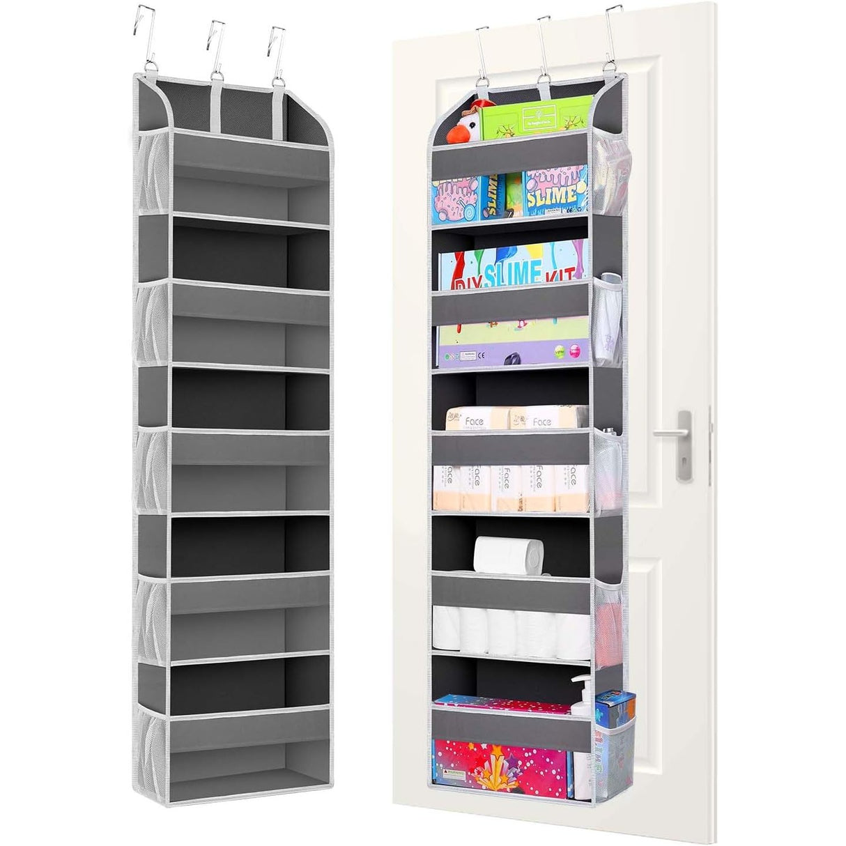 Organizator Suspendat pentru Usi, Vivimall, din Nailon si Plasa, Baza de Carton Ingrosat, 5 Buzunare Principale + 10 Buzunare Laterale, 140 x 39 x 17 cm, 3 Carlige Incluse, Gri - vivimall.ro