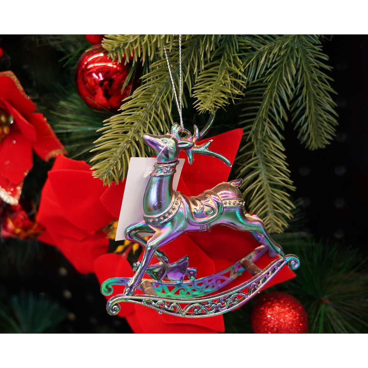 Ornament brad de Craciun, Iridescent, in forma de Ren, 11 cm x 11 cm, Plastic, Vivimall - vivimall.ro