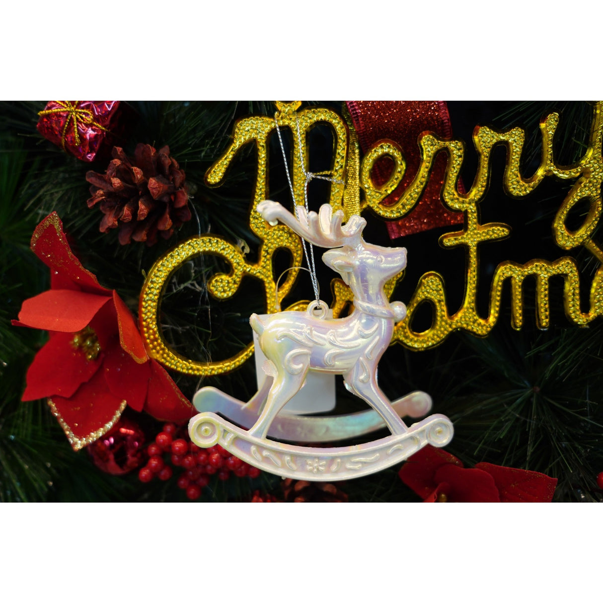 Ornament brad de Craciun, Perlat, in forma de Ren, 11 cm x 11 cm, Plastic, Vivimall - vivimall.ro