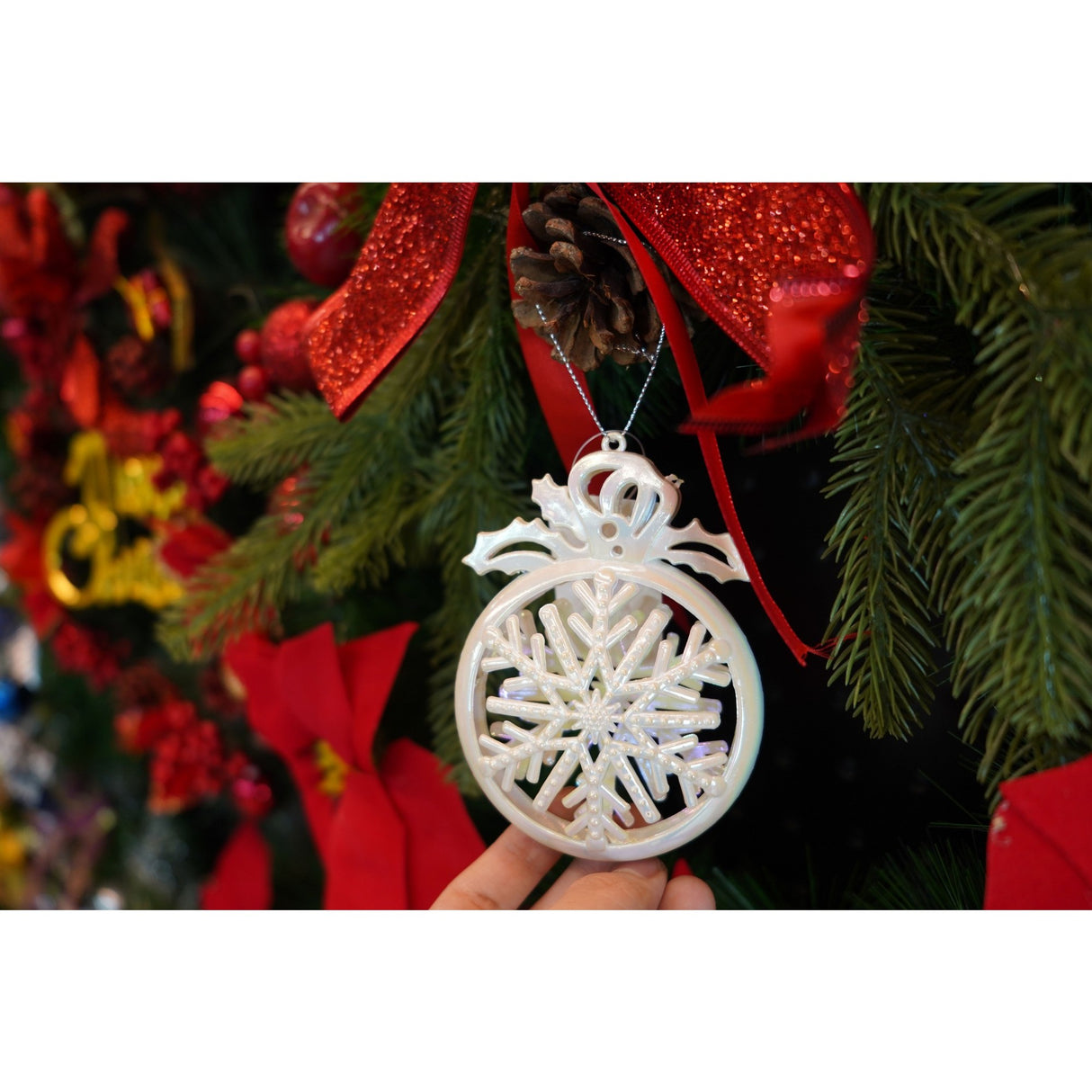 Ornament brad de Craciun, Perlat, Rotund, 8 cm x 11 cm, Plastic, Vivimall - vivimall.ro