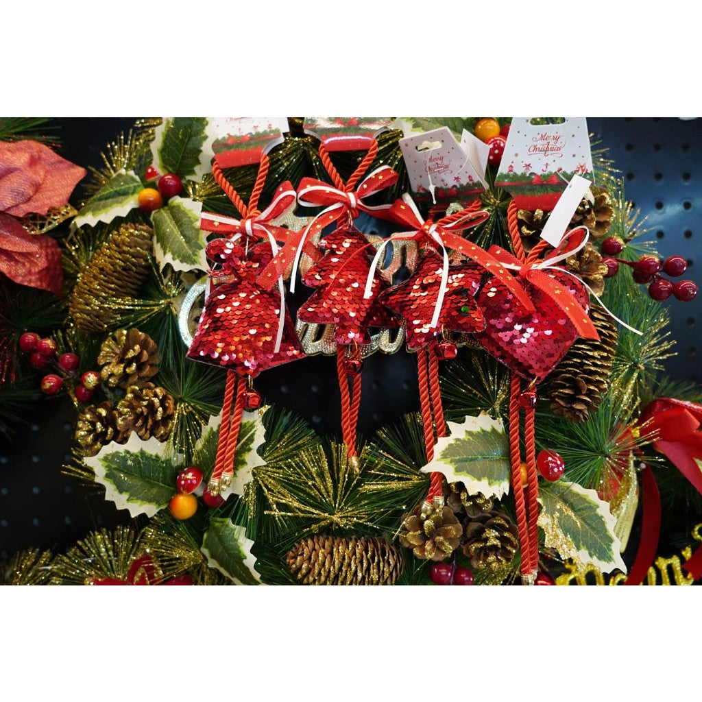 Ornament de brad clopotel cu paiete, Vivimall, rosu, lemn, 25 cm - vivimall.ro