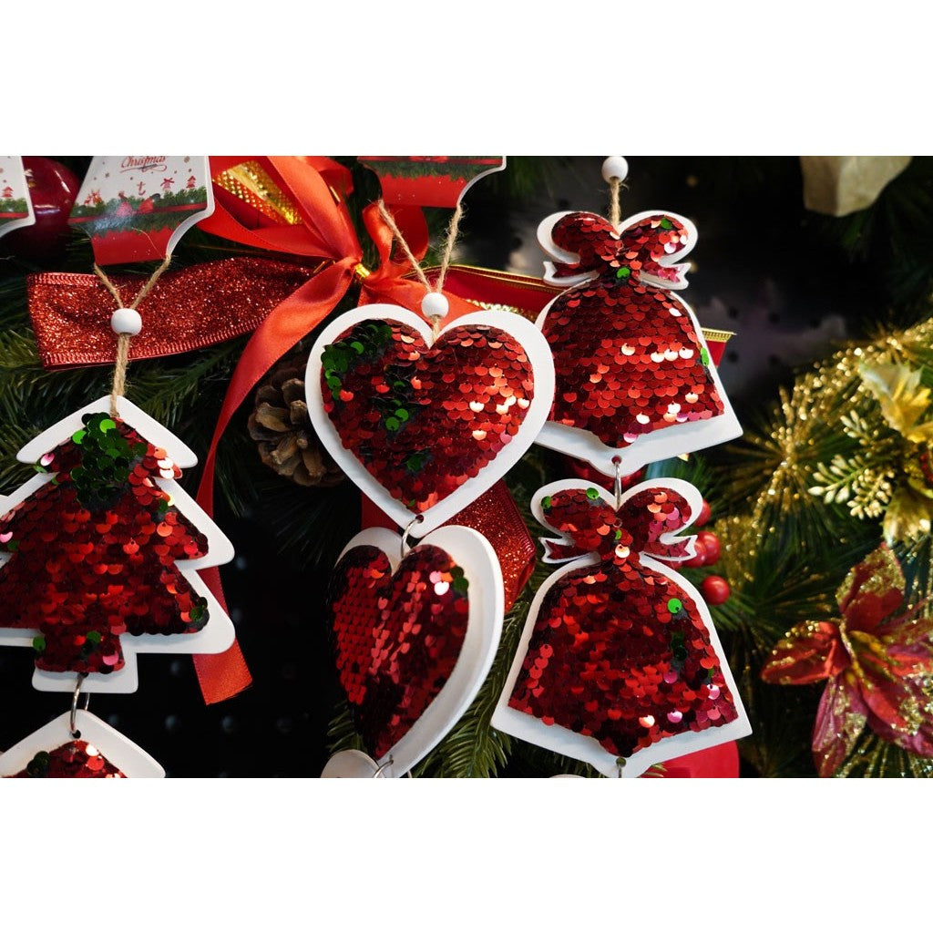 Ornament de brad trei brazi cu paiete, Vivimall, rosu, lemn, 36 cm - vivimall.ro