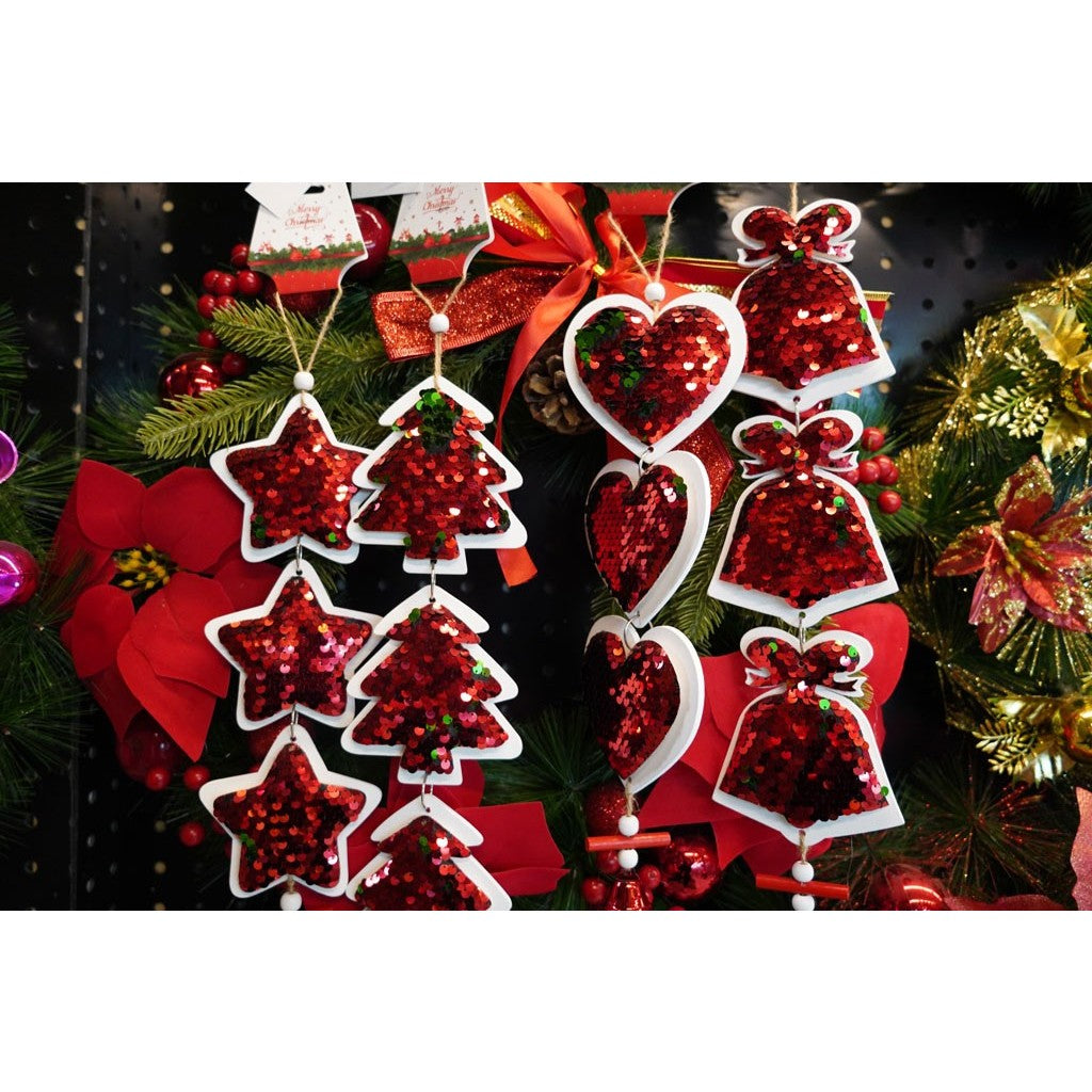 Ornament de brad trei inimi cu paiete, Vivimall, rosu, lemn, 36 cm - vivimall.ro