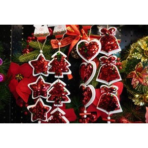 Ornament de brad trei stele cu paiete, Vivimall, rosu, lemn, 36 cm - vivimall.ro