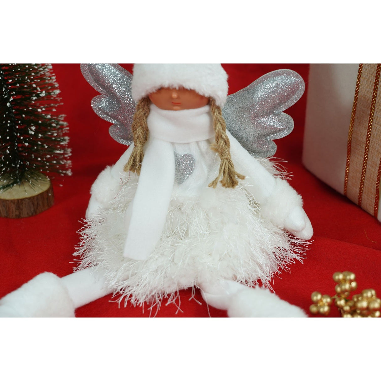 Ornament de Craciun ingeras, Vivimall, alb/gri, textil, 51 cm - vivimall.ro