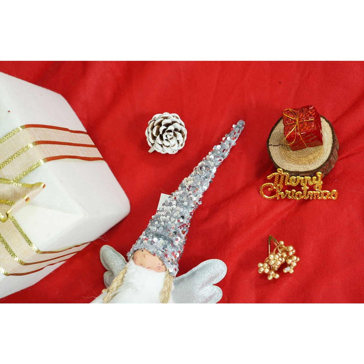 Ornament de Craciun ingeras, Vivimall, alb/gri, textil, 53 cm - vivimall.ro