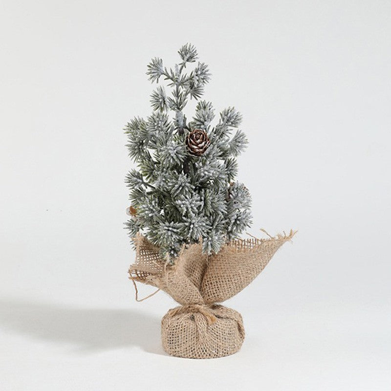 Decoratiune Craciun pentru Masa, Vivimall, Ornament de Decor Model Brad de Craciun de Dimensiuni Mici cu Fulgi Albi, pentru Birou si Interior, din Plastic Calitativ 20 cm, Verde Alb - vivimall.ro