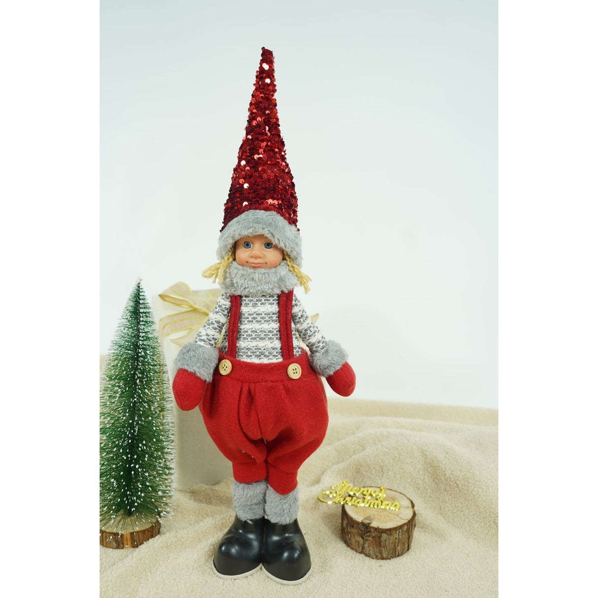 Ornament de Craciun papusa, Vivimall, rosu/gri, textil, 58 cm - vivimall.ro