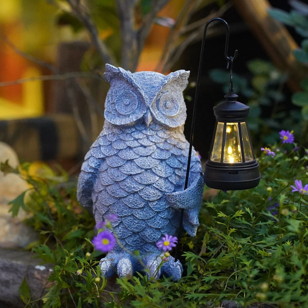 Ornament de Decor pentru Gradina cu LED, Flippy, Model Bufnita cu Felinar, Decoratiune Exterioara pentru Casa si Gradina, din Rasina, 21.5x15 cm, Gri - vivimall.ro