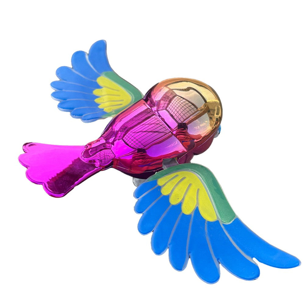 Ornament pasăre zburătoare pentru auto, figurină papagal iridescent mov/multicolor, vedere frontală