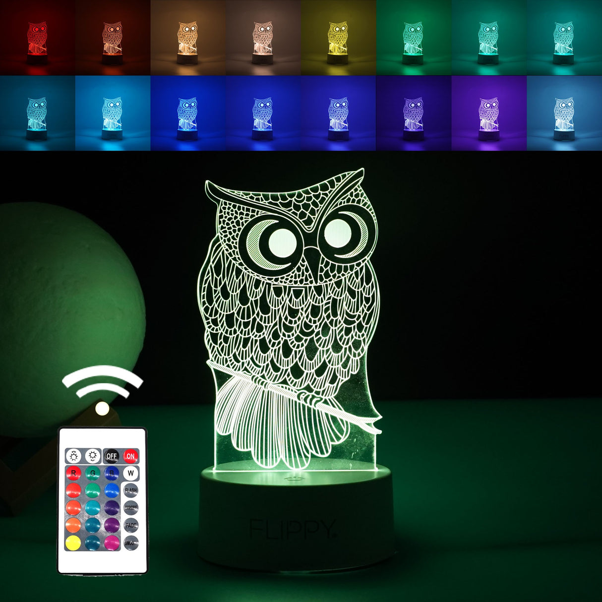 Lampa LED decorativa, Vivimall, 3D, Bufnita, cu USB si baterii, 20 cm inaltime, din material acril, lumina multicolora si telecomanda inclusa, alb - vivimall.ro